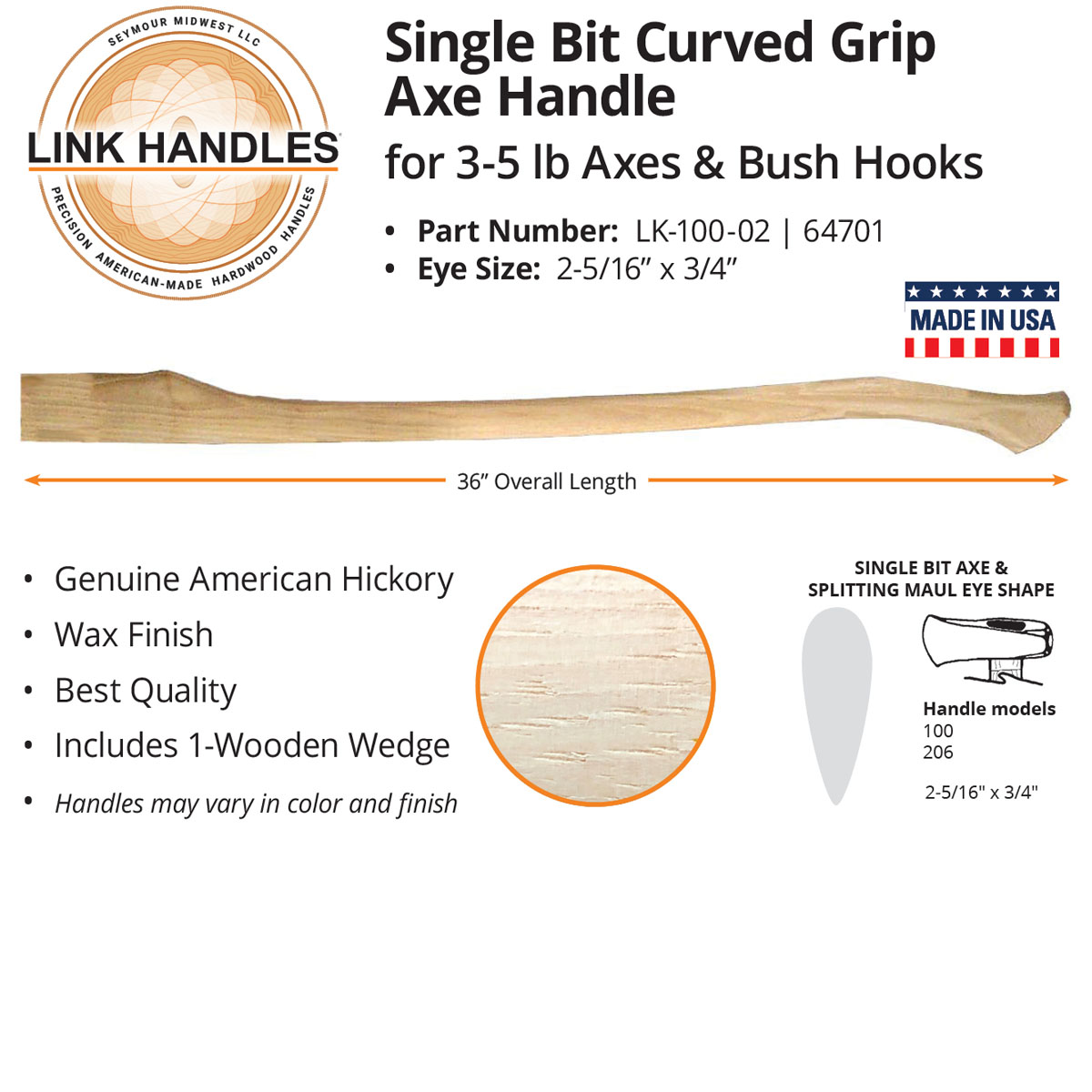 SEYMOUR MIDWEST LINK 64890 Axe Curved Grip Handle,32",Wax,Home 