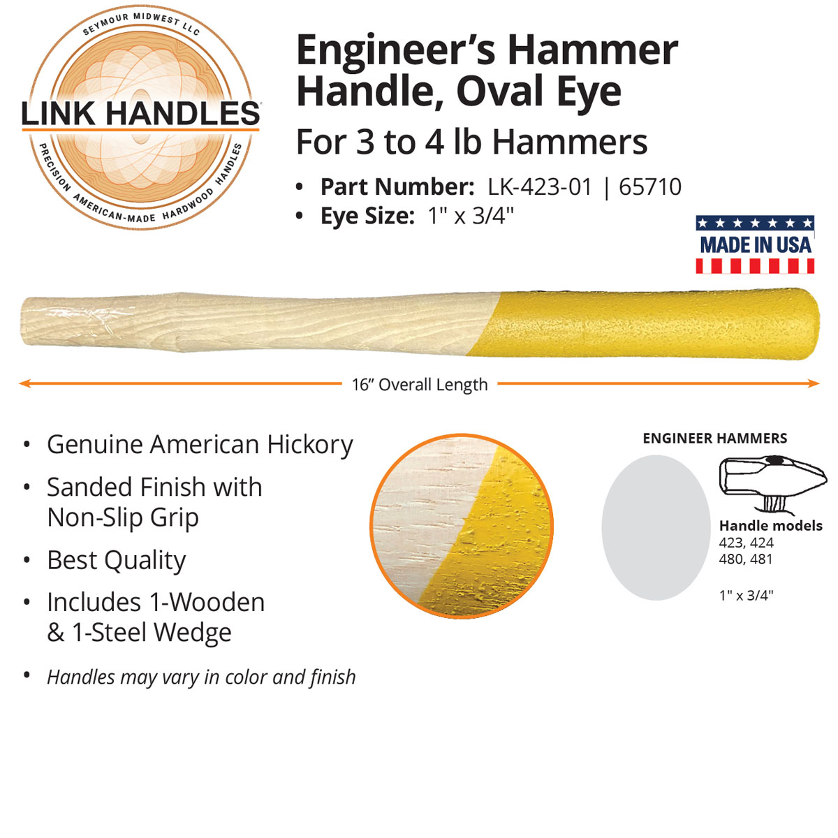 Shop Hammer Handle New White Hickory Item # 7416SE 16" Black Smith 