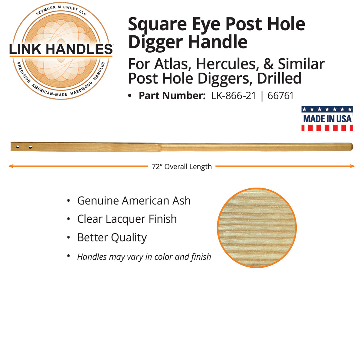 Posthole Diggers 72" Square eye Handle for Atlas, Hercules, and similar posthole diggers,  drilled